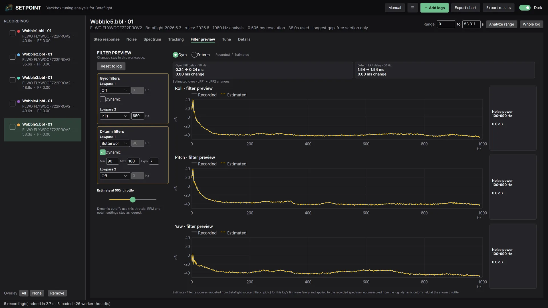 Filter preview comparing recorded and estimated spectra
