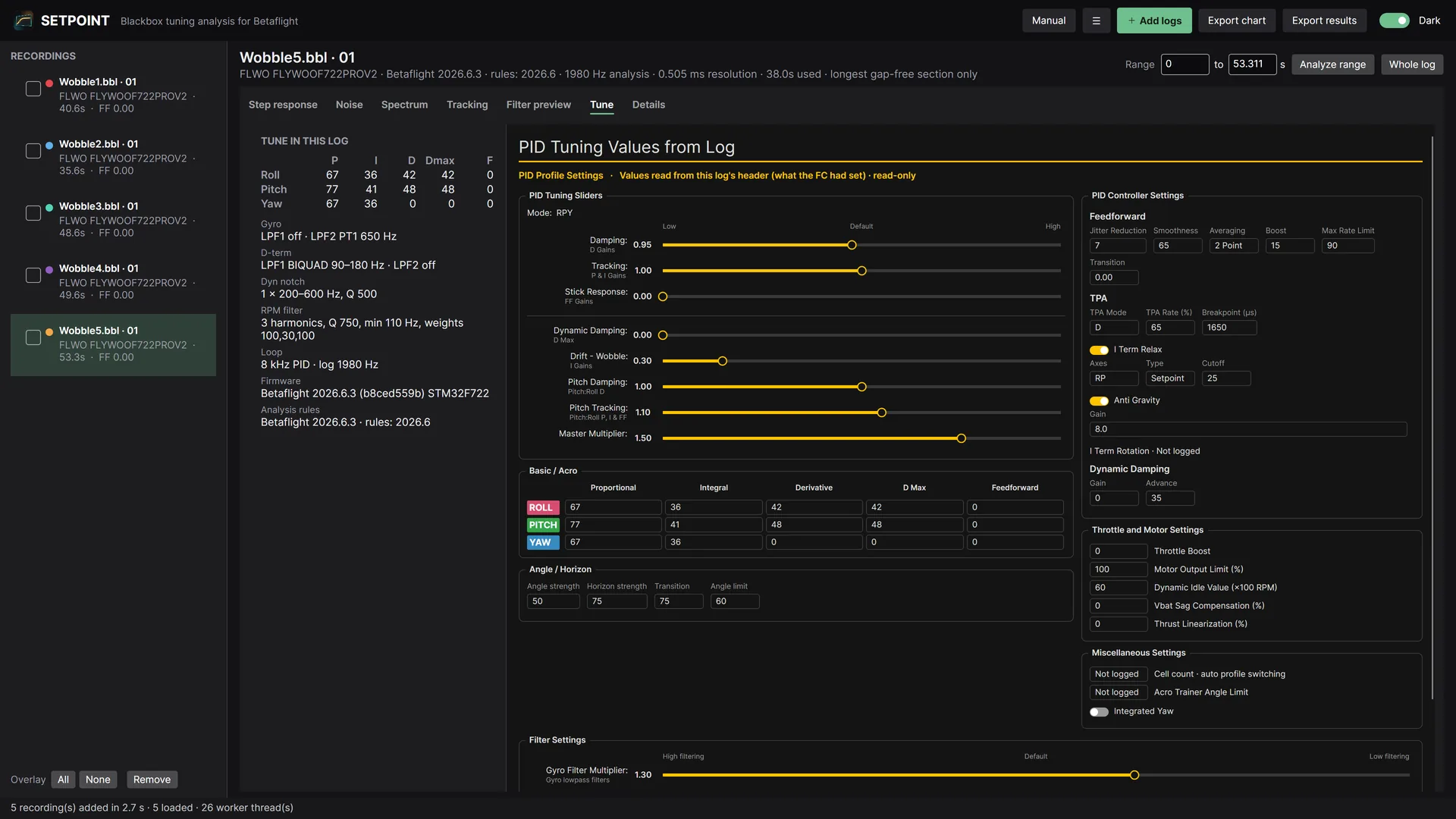 PID, slider and filter settings read from the log